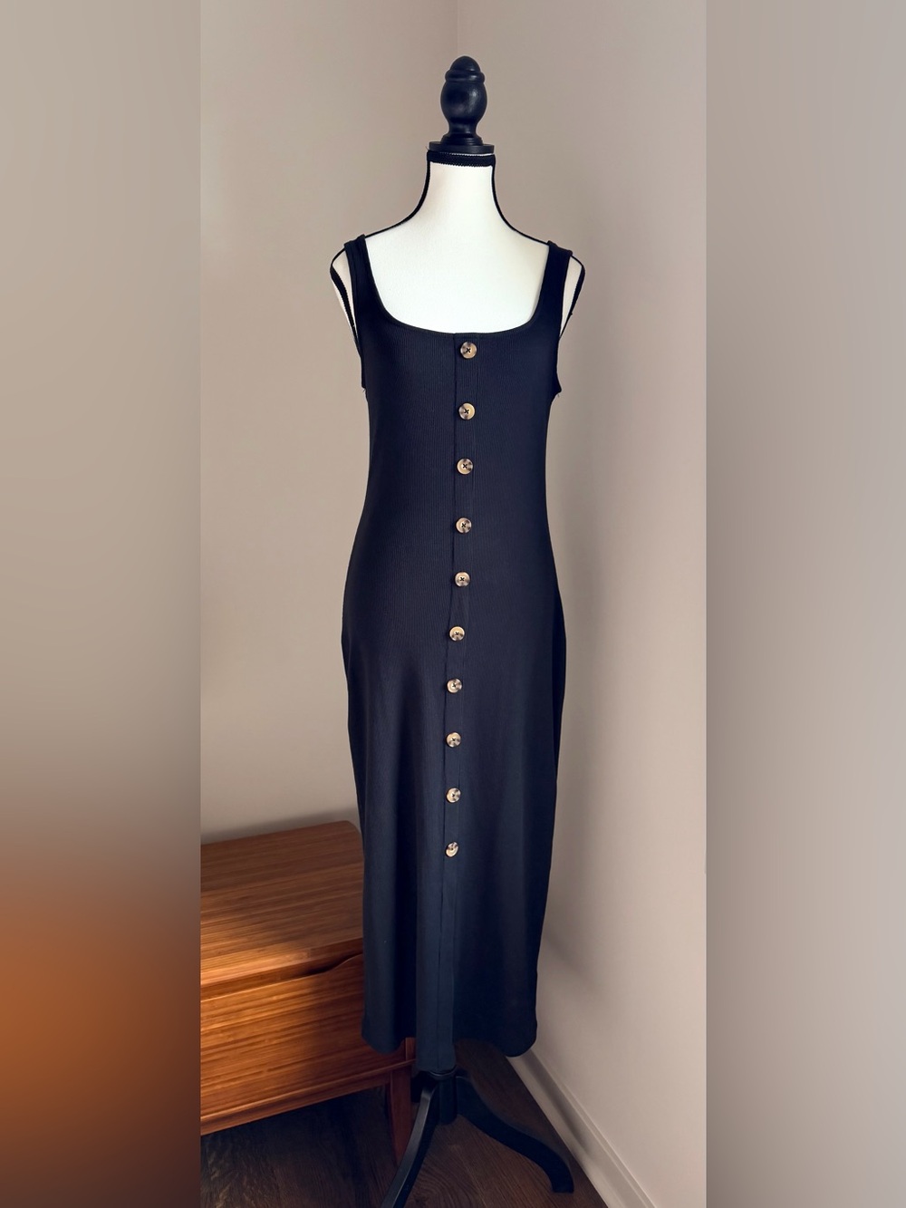 Every Ribbed Button Front Midi Tank Dress | Black | Size Medium